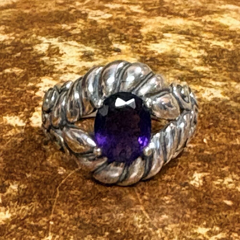 Carolyn Pollack Ring Size 9 Sterling Silver & Amethyst Scrolling Rope Design